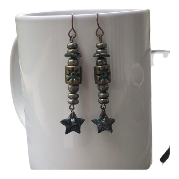 pyrite & patina star earrings handcrafted - Picture 2 of 14